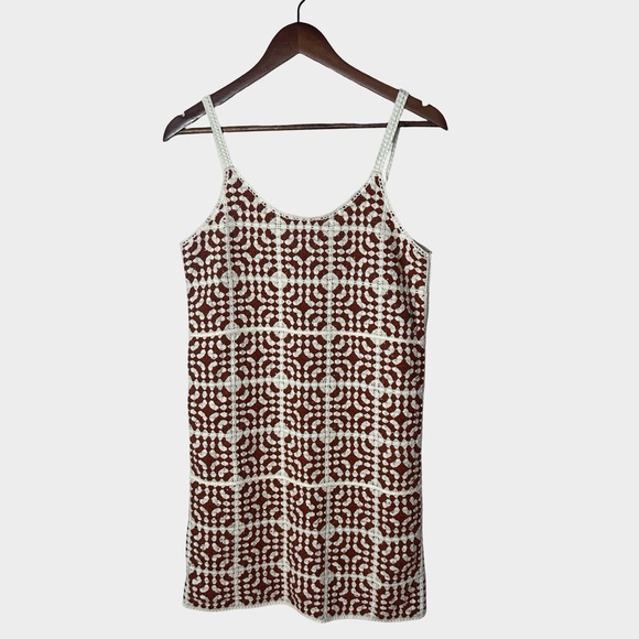 Willow & Wind Granny Square Crochet Mini Dress Medium Boho Festival Brown White - Picture 4 of 13